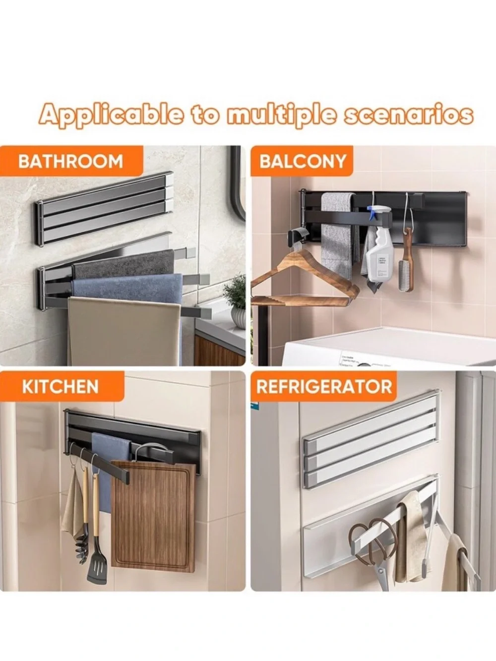 4-Arm Swivel Wall Towel Rack Swing Out Organizer in Gray